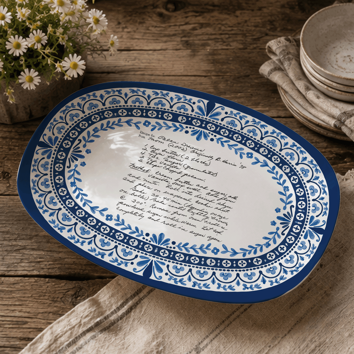 Handwritten Recipe Platter with Heritage Blue Border