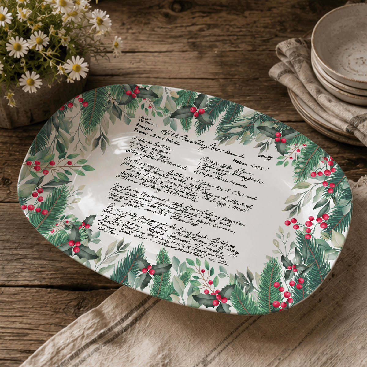 Handwritten Recipe Platter with Christmas Wreath Border