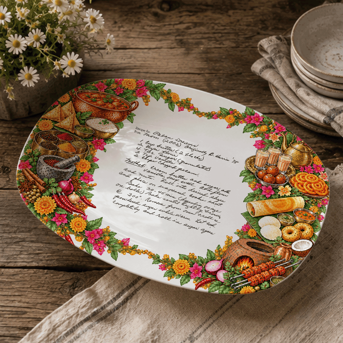 Handwritten Recipe Platter with Vintage Indian Food Border