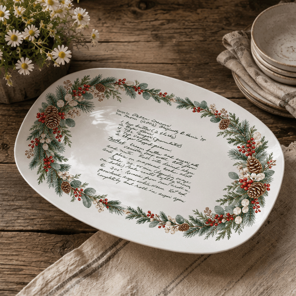 Handwritten Recipe Platter with Evergreen Pinecone & Berry Border