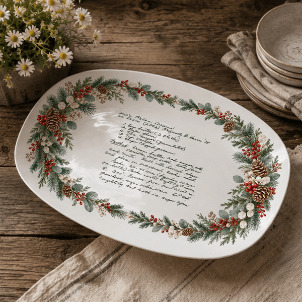 Handwritten Recipe Platter with Evergreen Pinecone & Berry Border