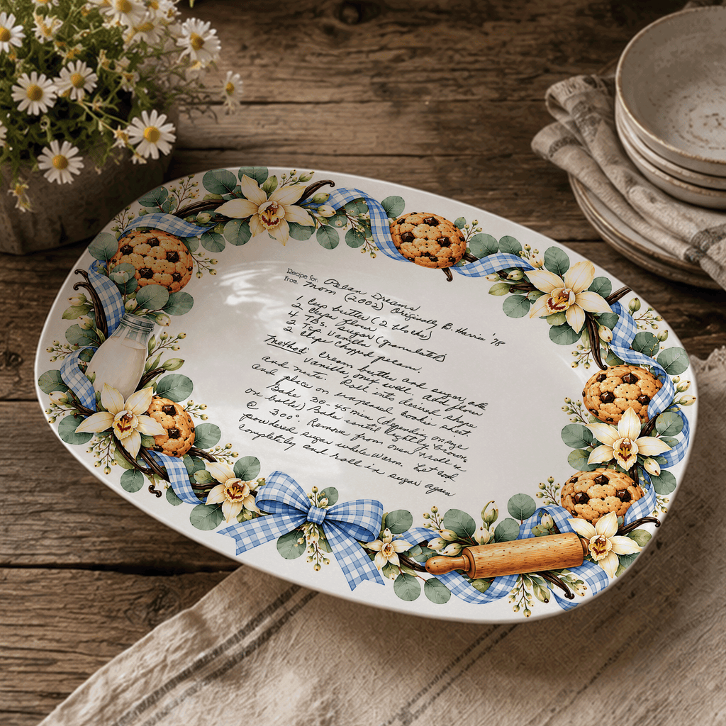 Handwritten Recipe Platter with Blue Bow Cookie Border