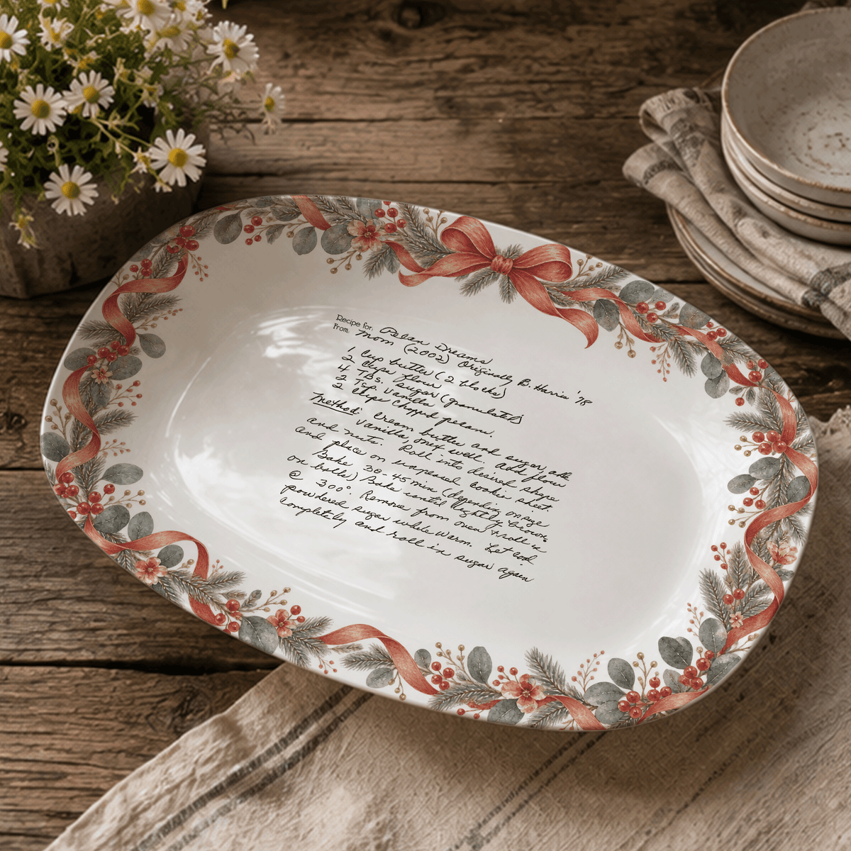 Handwritten Recipe Platter with Antique Red Bow Wreath Border