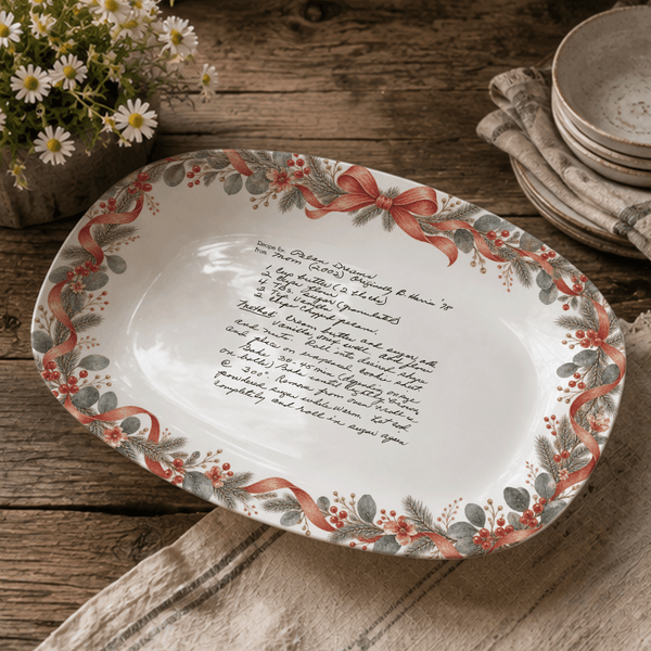 Handwritten Recipe Platter with Antique Red Bow Wreath Border