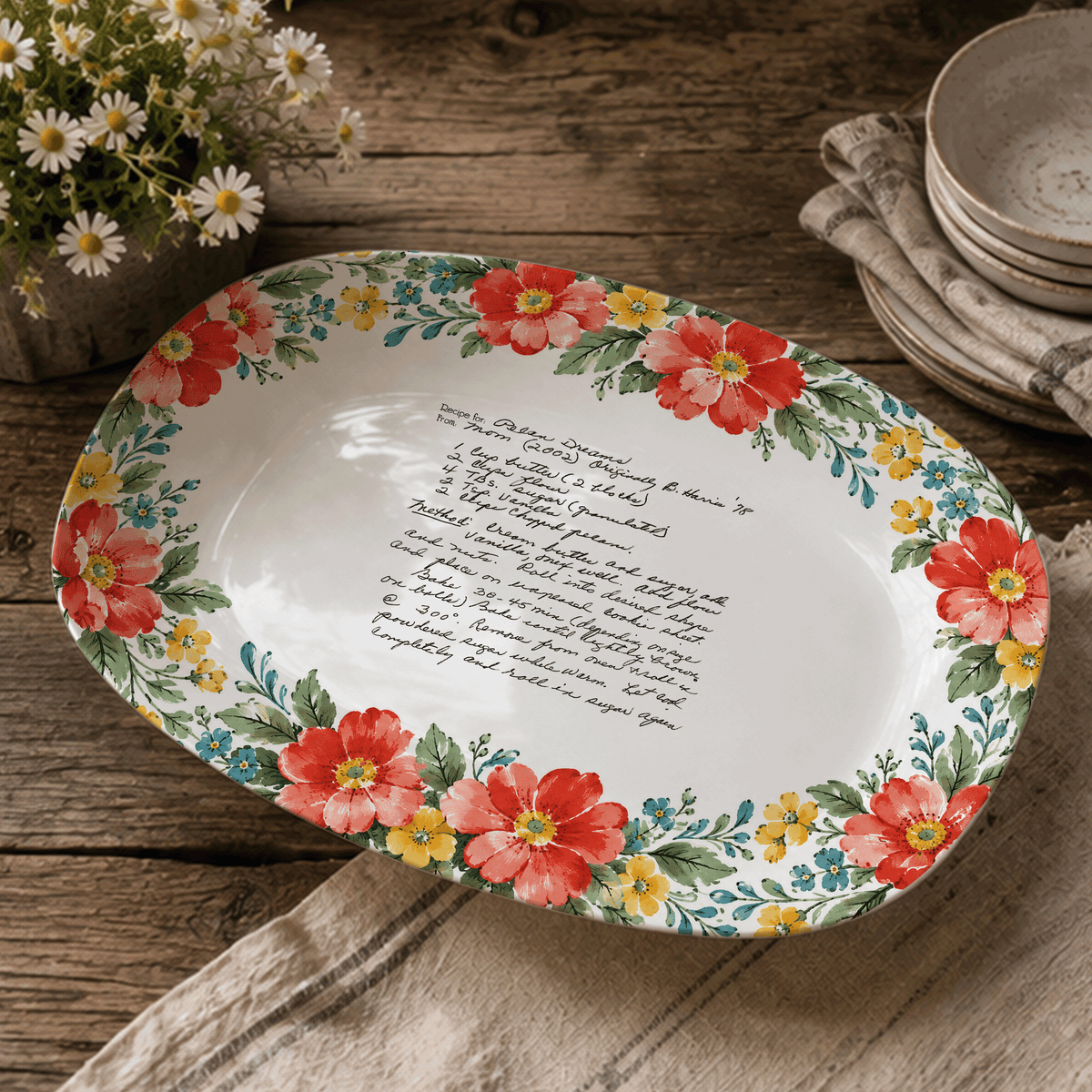 Handwritten Recipe Platter with Red and Teal Watercolor Flower Border
