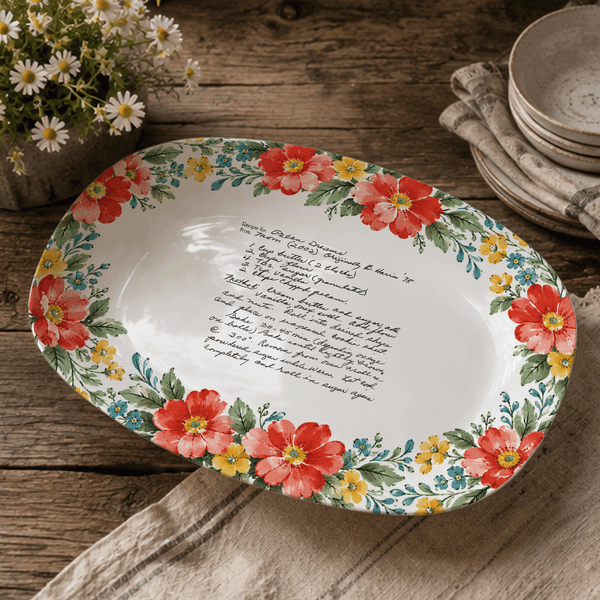 Handwritten Recipe Platter with Red and Teal Watercolor Flower Border