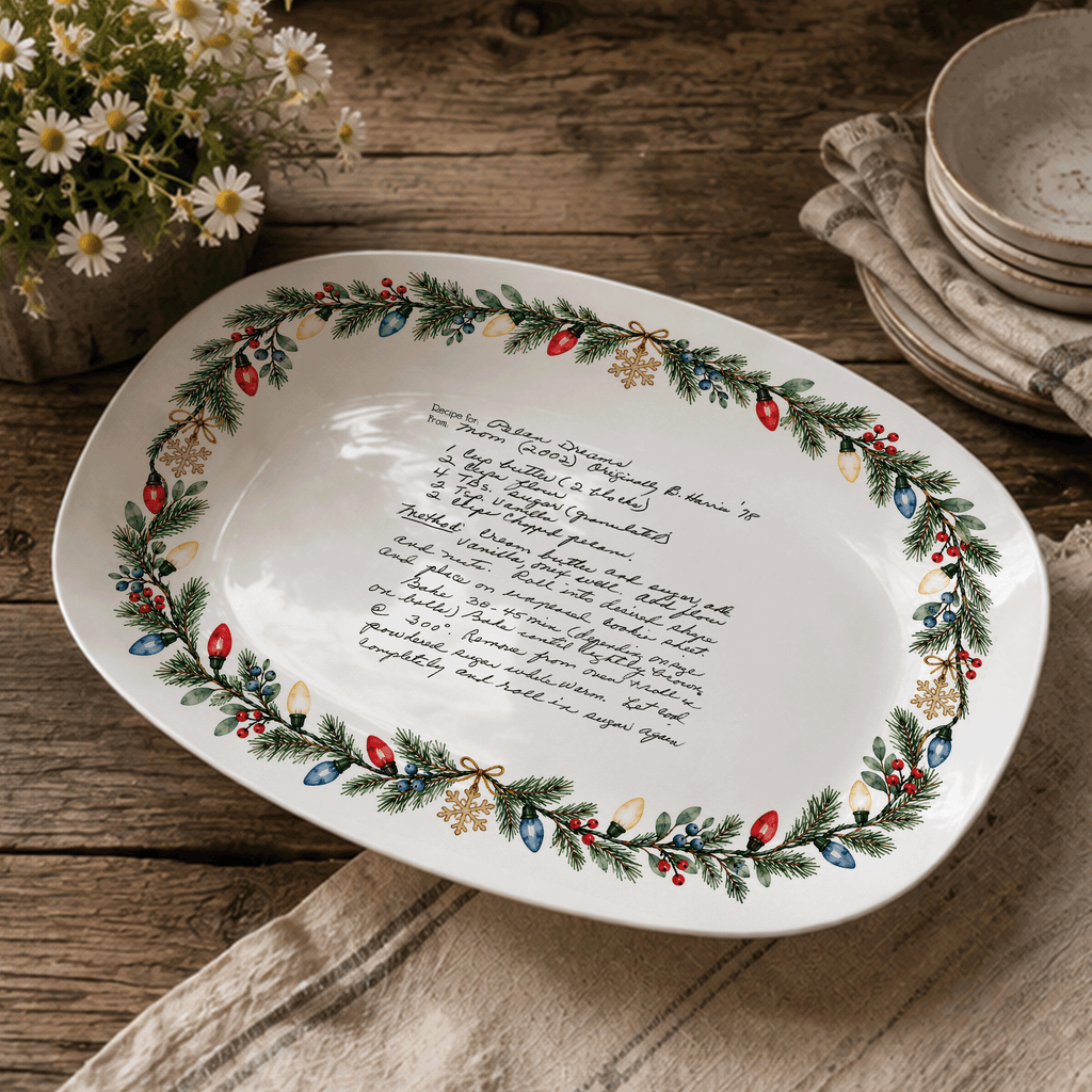 Handwritten Recipe Platter with Christmas Lights Border