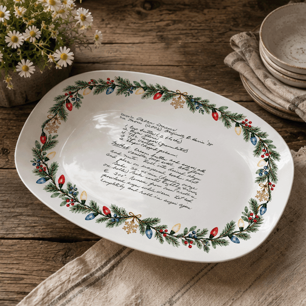 Handwritten Recipe Platter with Christmas Lights Border