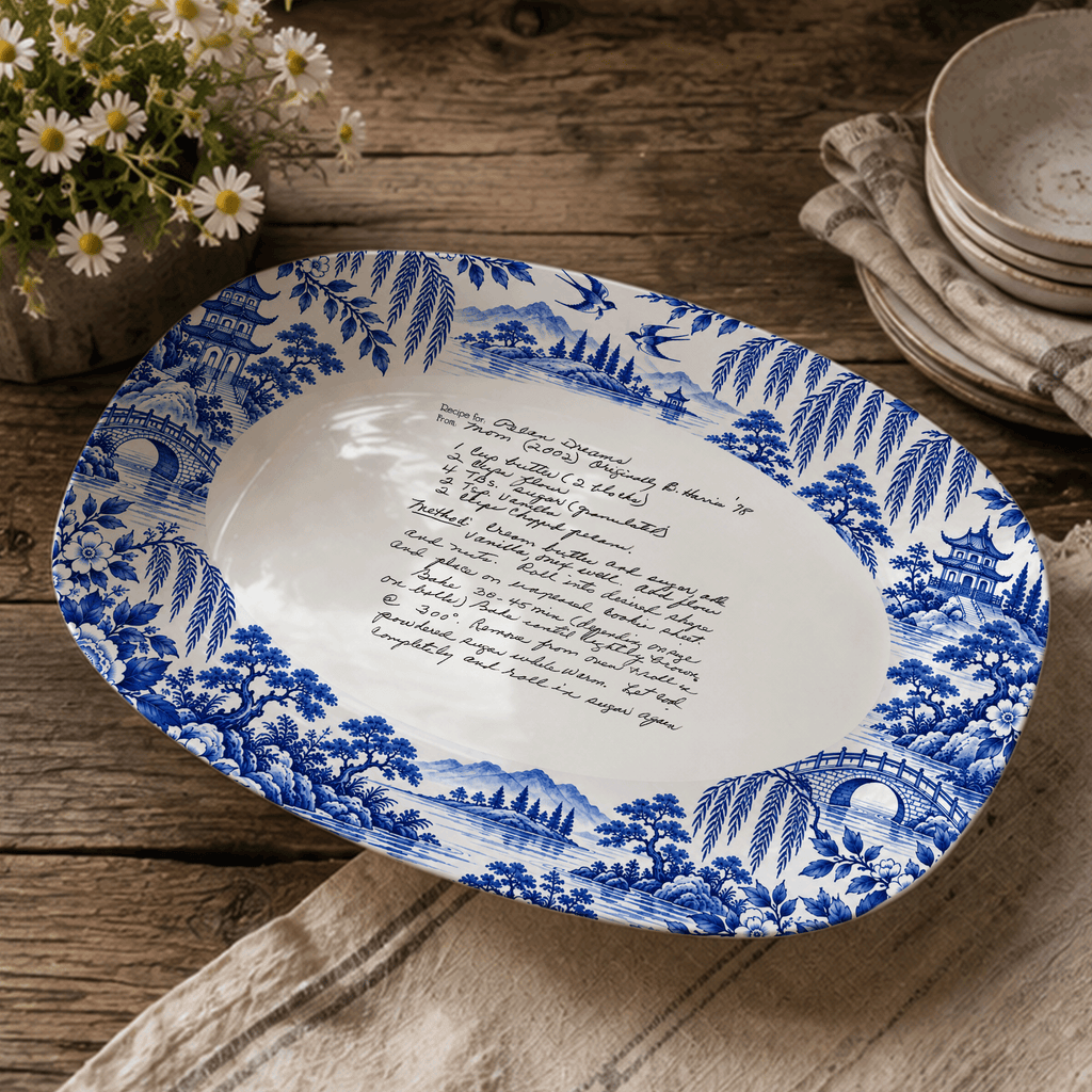 Handwritten Recipe Platter with Antique Blue Willow Border