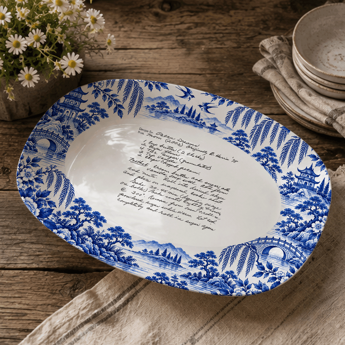 Handwritten Recipe Platter with Antique Blue Willow Border