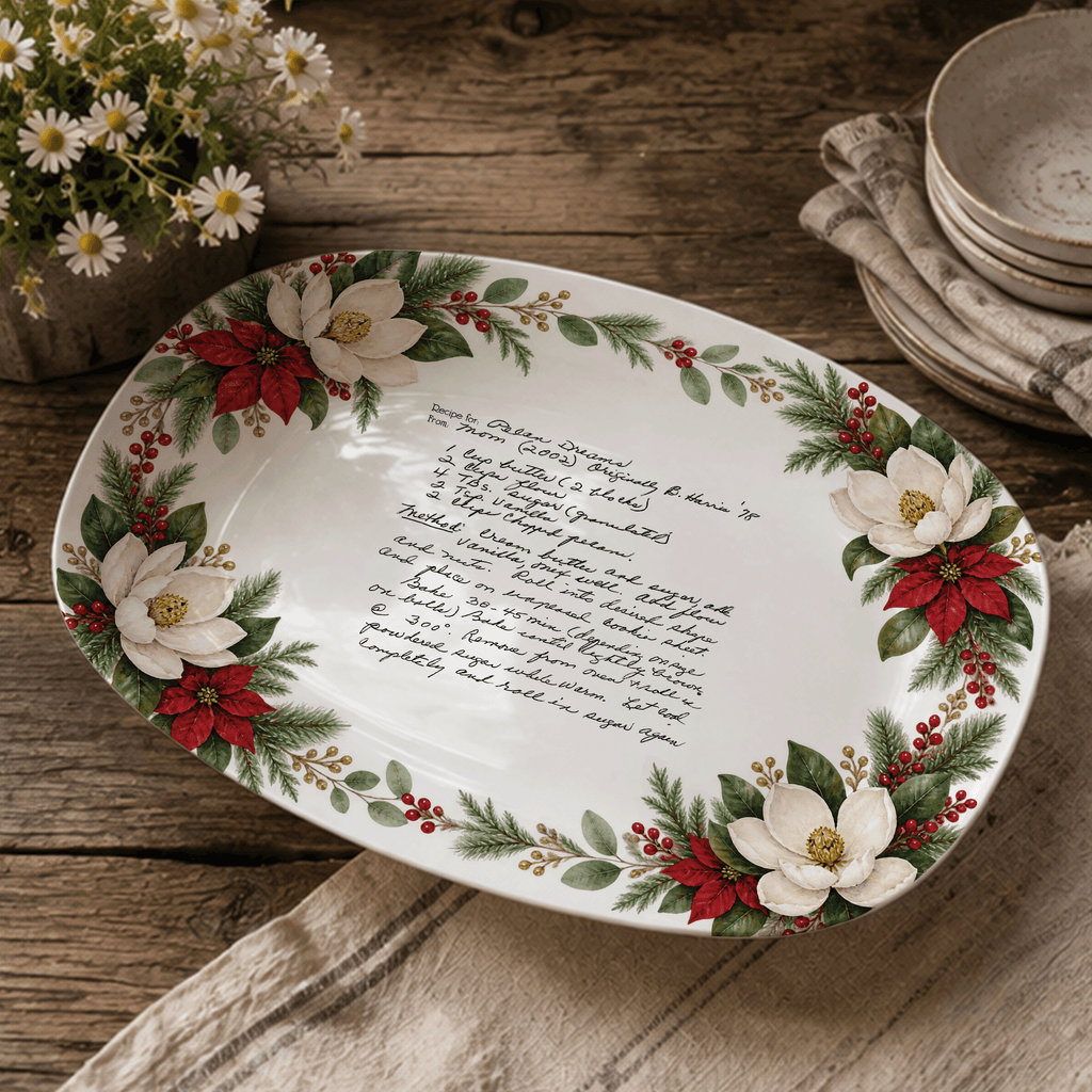 Handwritten Recipe Platter with Southern Holiday Magnolia Border