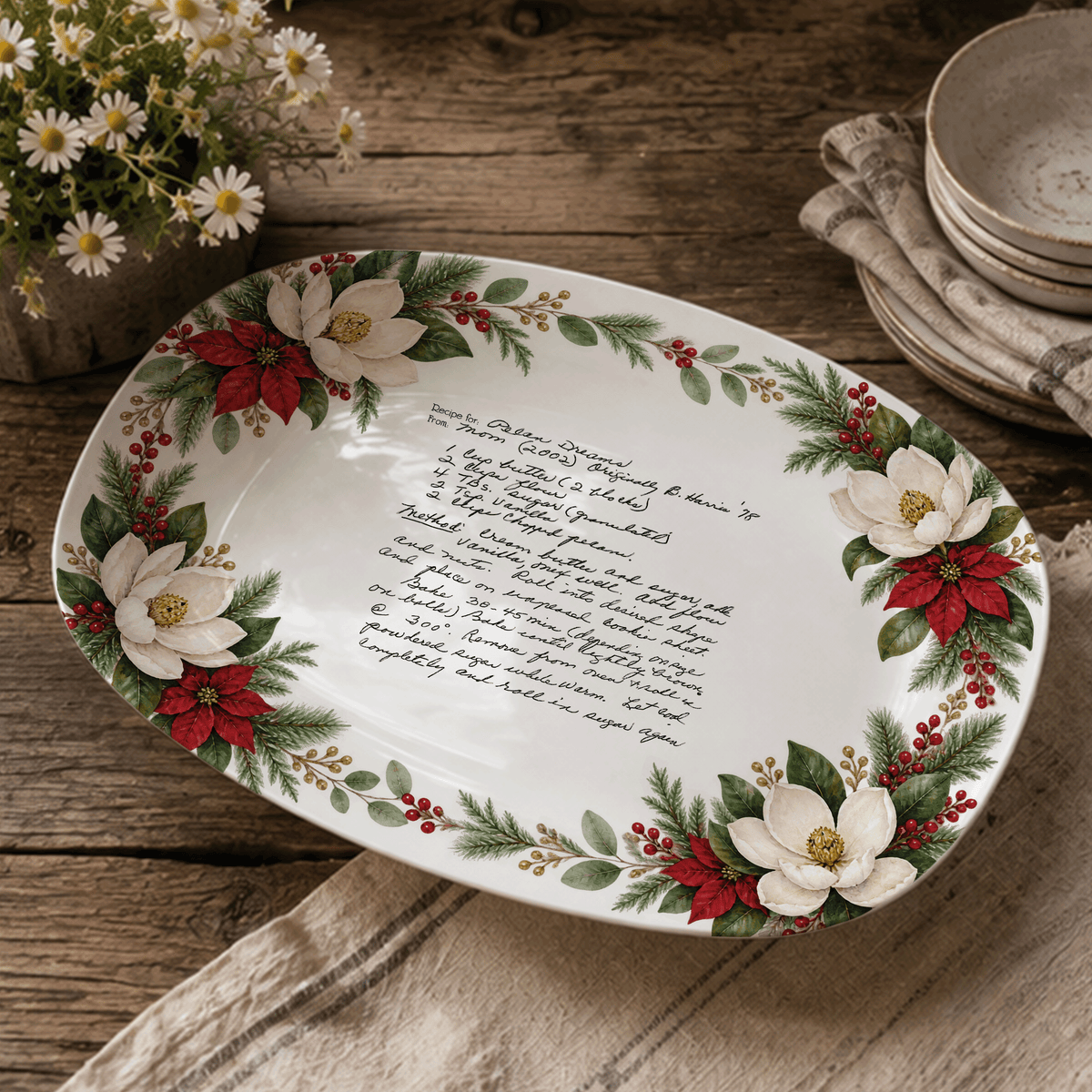 Handwritten Recipe Platter with Southern Holiday Magnolia Border