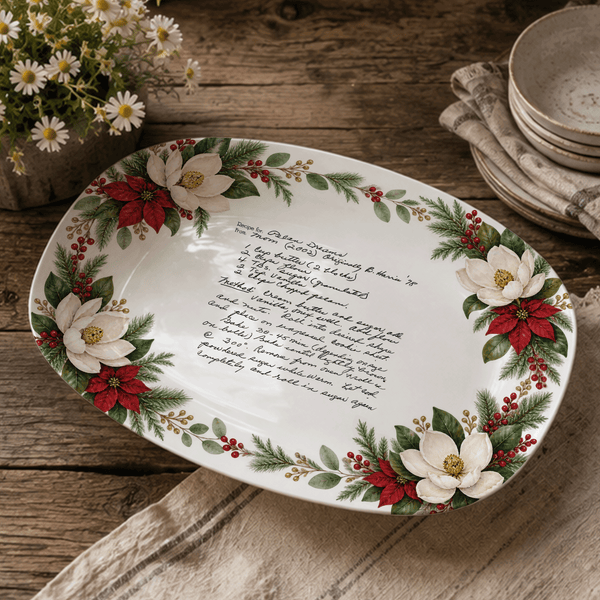 Handwritten Recipe Platter with Southern Holiday Magnolia Border