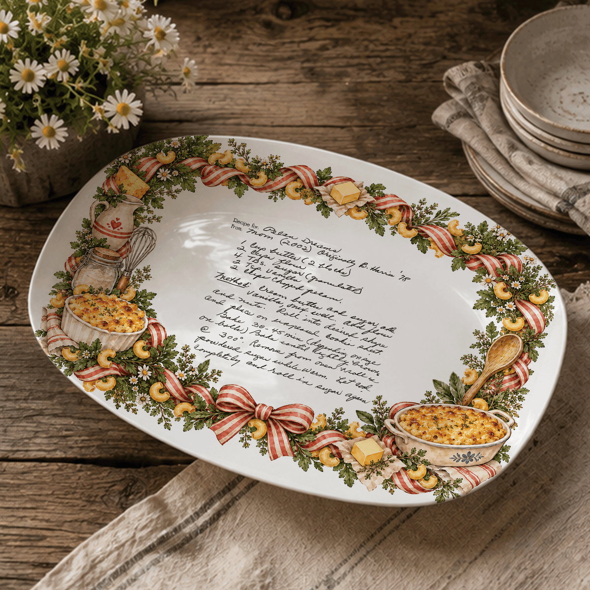 Handwritten Recipe Platter with Macaroni and Cheese Border