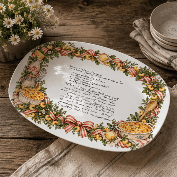 Handwritten Recipe Platter with Macaroni and Cheese Border