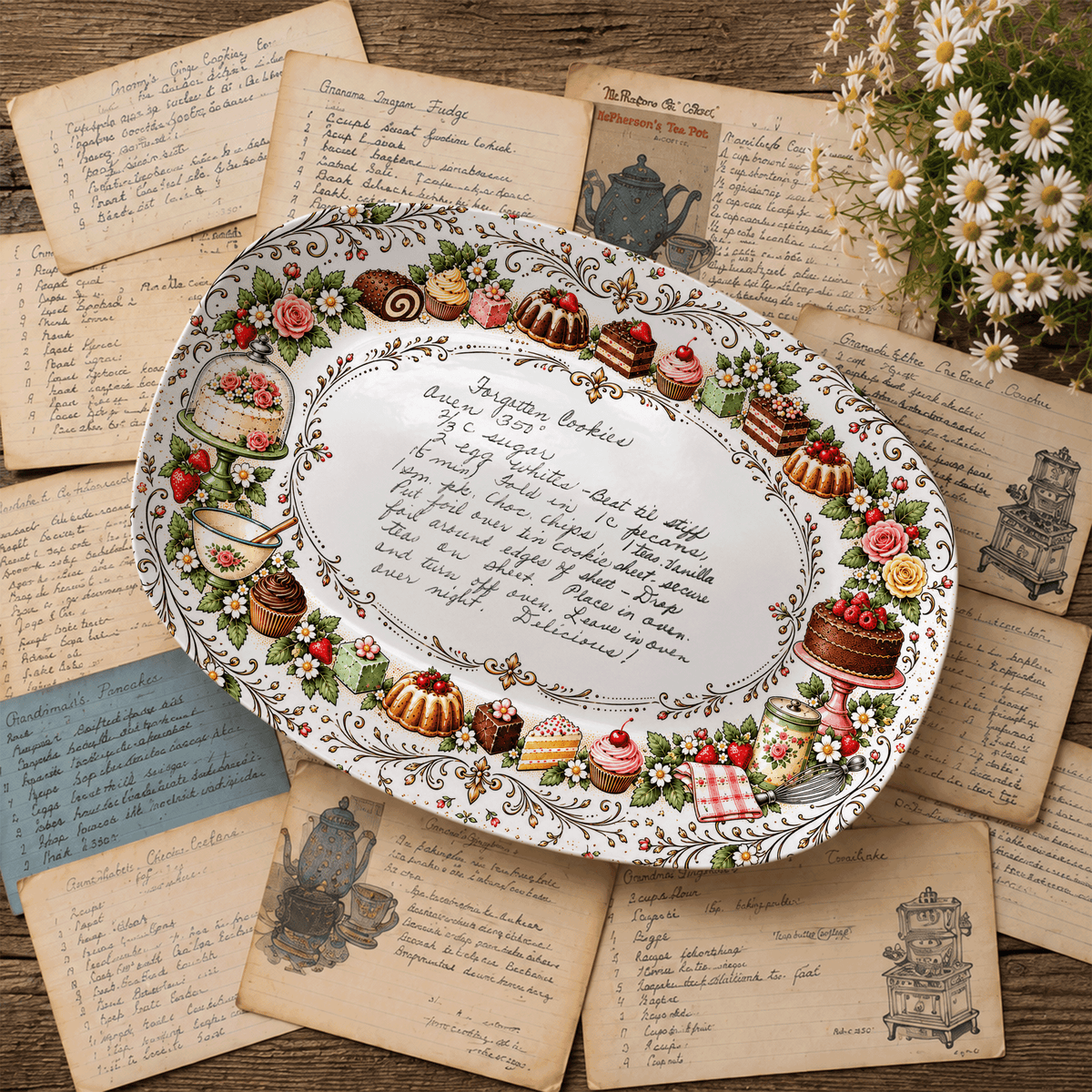 Handwritten Recipe Platter with Vintage Cake Border