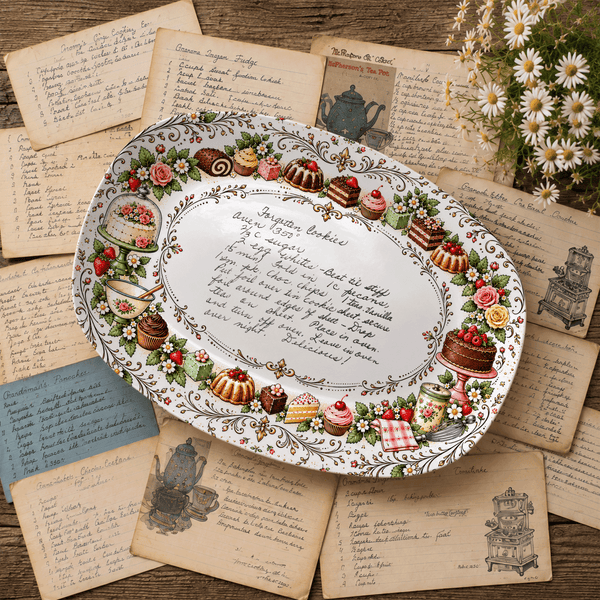 Handwritten Recipe Platter with Vintage Cake Border