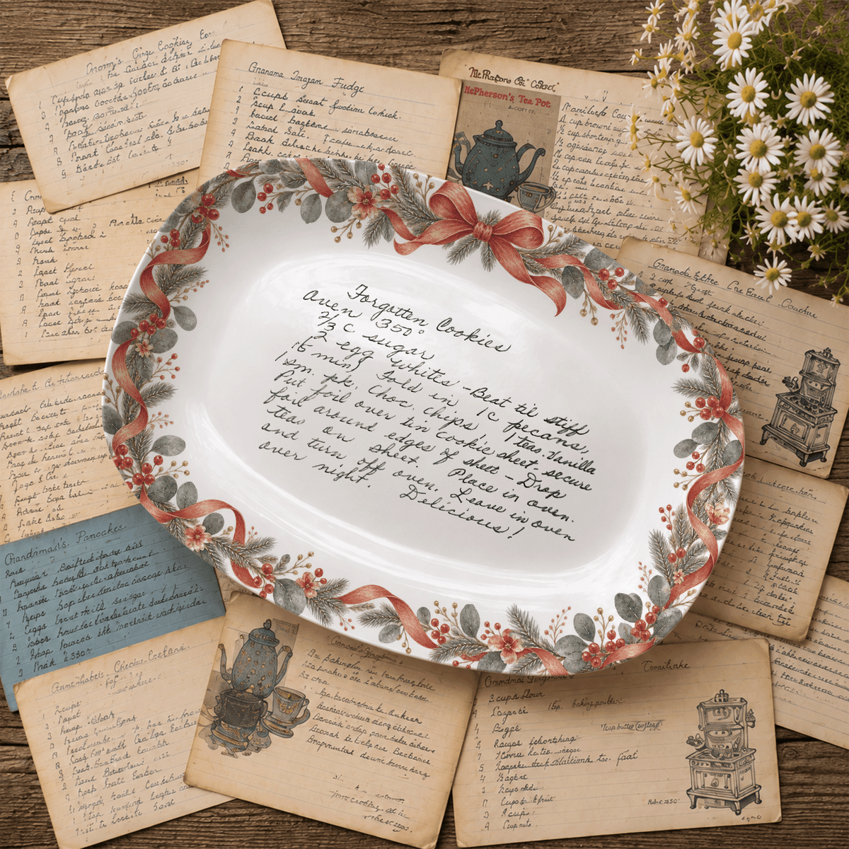 Handwritten Recipe Platter with Antique Red Bow Wreath Border
