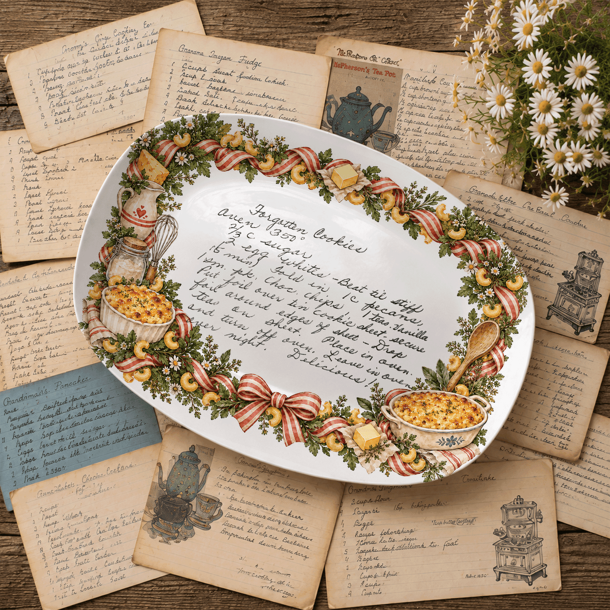 Handwritten Recipe Platter with Macaroni and Cheese Border