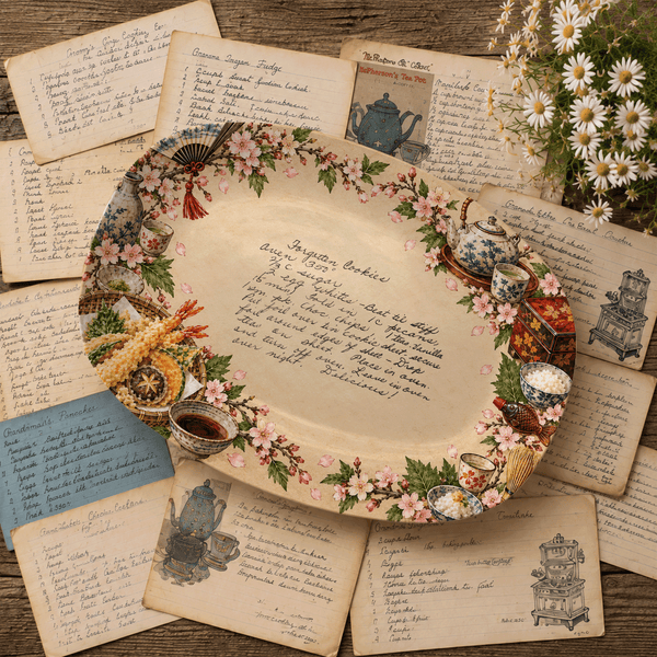 Handwritten Recipe Platter with Vintage Japanese Food Border
