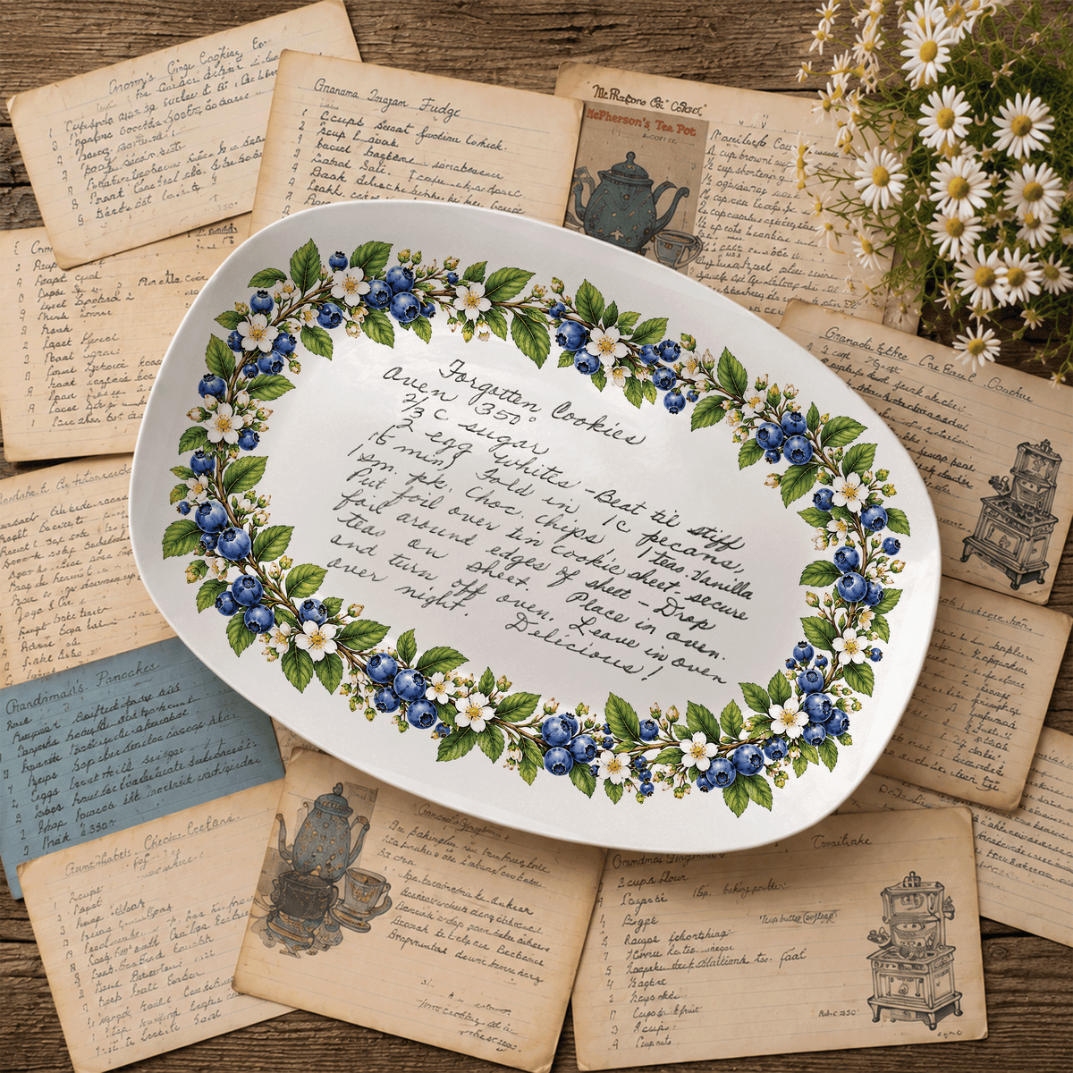 Handwritten Recipe Platter with Blueberry Border