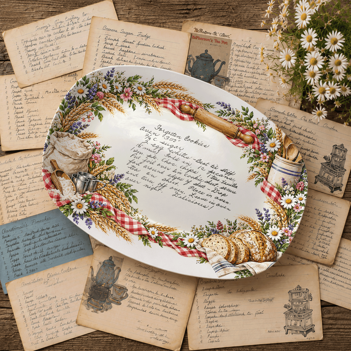 Handwritten Recipe Platter with Bread and Wildflower Border