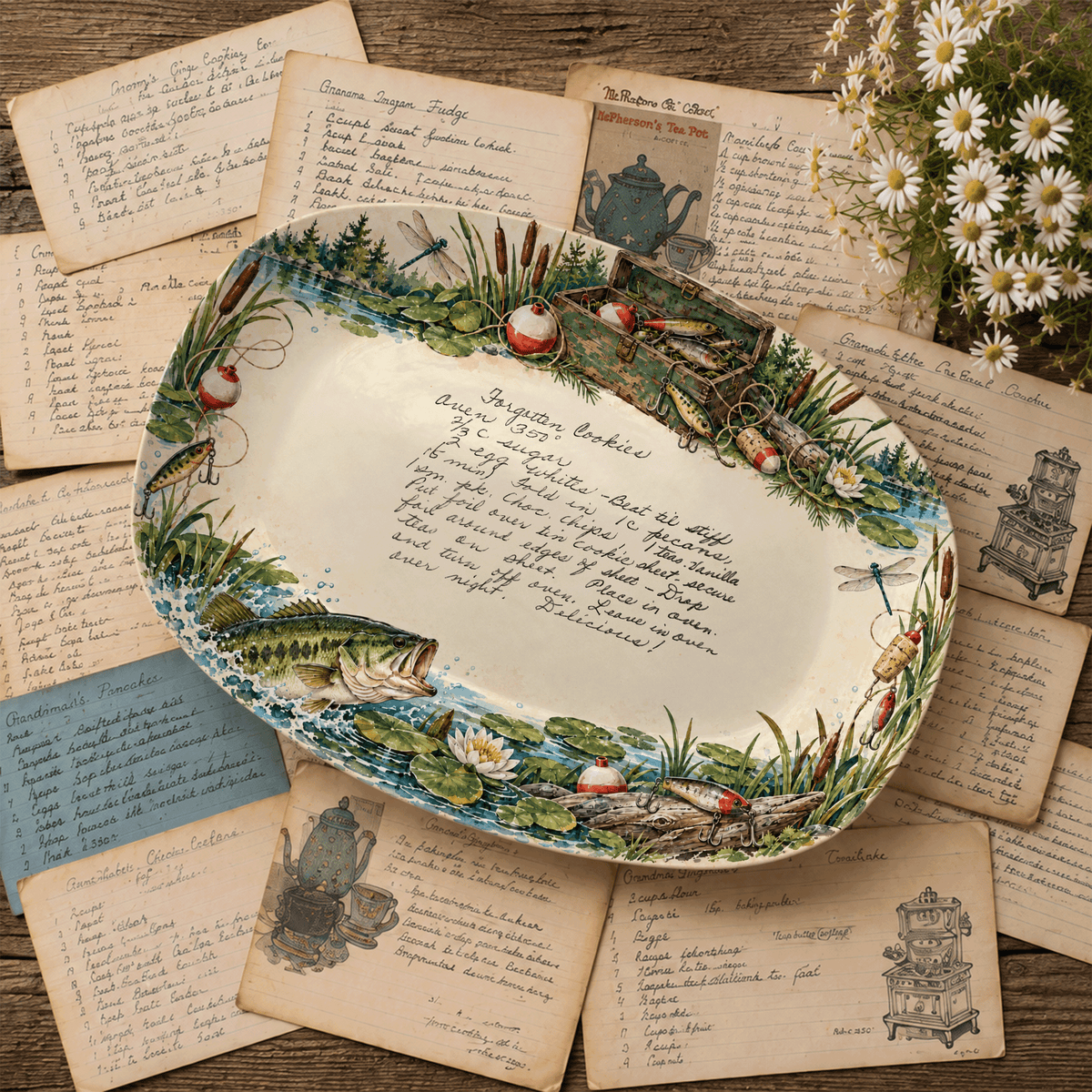 Handwritten Recipe Platter with Fishing Border