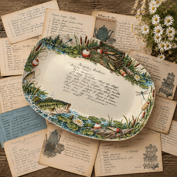 Handwritten Recipe Platter with Fishing Border