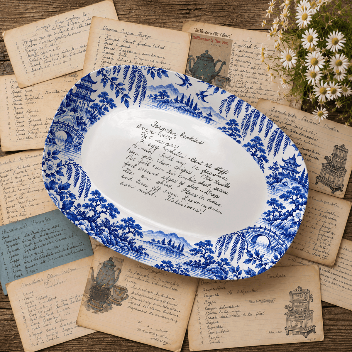 Handwritten Recipe Platter with Antique Blue Willow Border