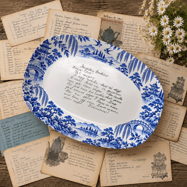 Handwritten Recipe Platter with Antique Blue Willow Border