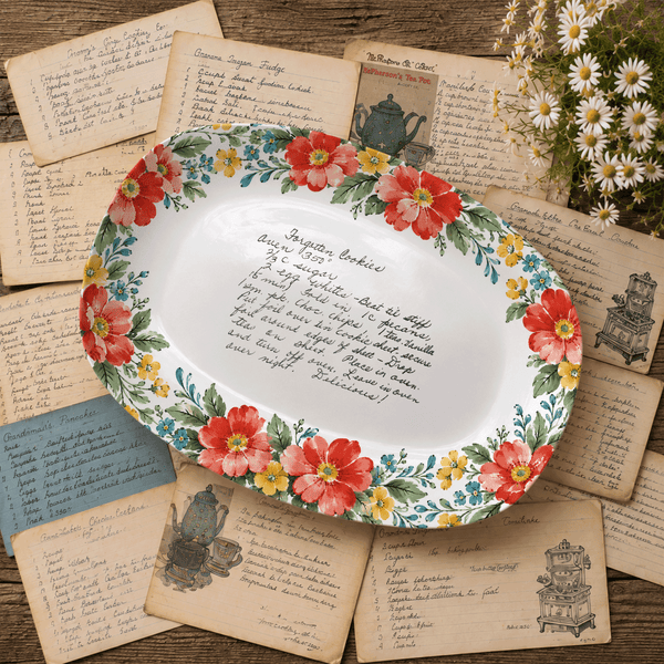 Handwritten Recipe Platter with Red and Teal Watercolor Flower Border