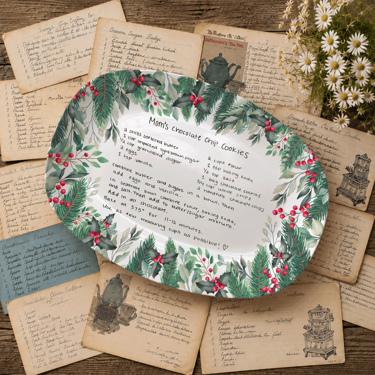 Handwritten Recipe Platter with Christmas Wreath Border