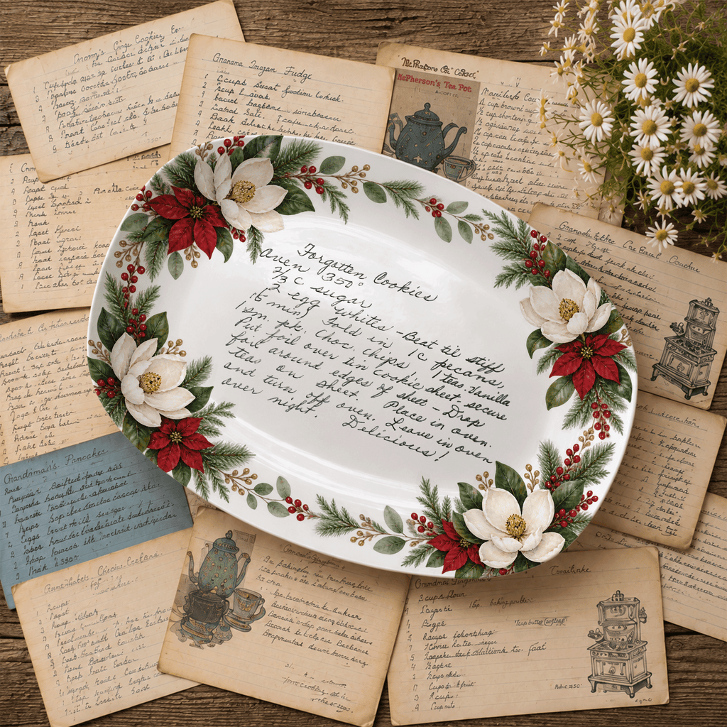 Handwritten Recipe Platter with Southern Holiday Magnolia Border