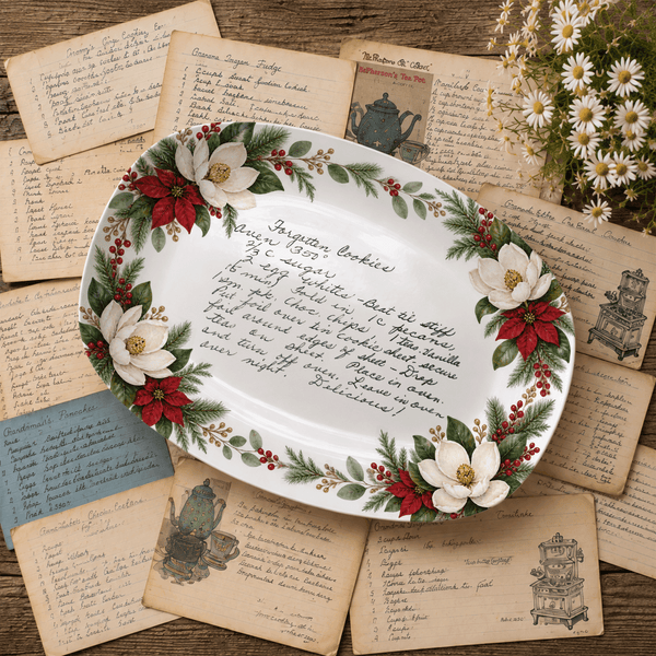 Handwritten Recipe Platter with Southern Holiday Magnolia Border