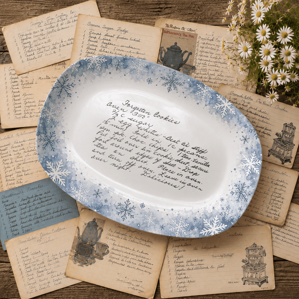 Handwritten Recipe Platter with Blue Snowflake Border