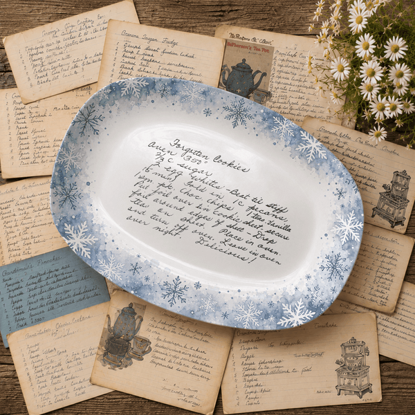 Handwritten Recipe Platter with Blue Snowflake Border