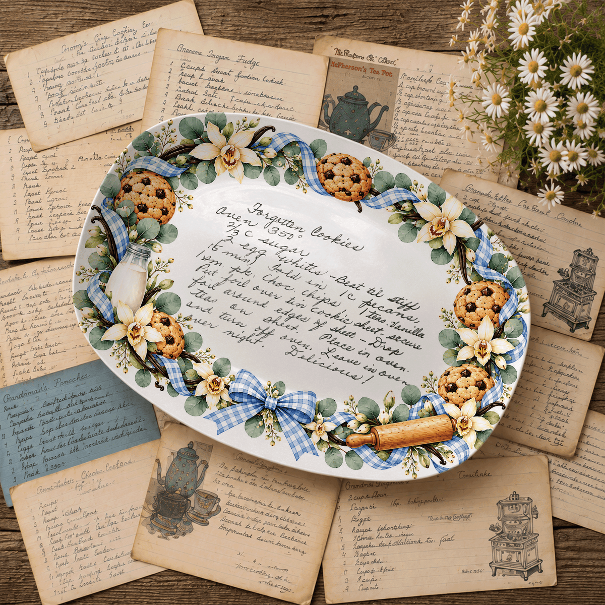 Handwritten Recipe Platter with Blue Bow Cookie Border