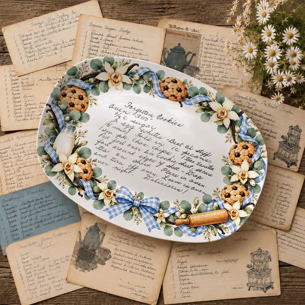 Handwritten Recipe Platter with Blue Bow Cookie Border