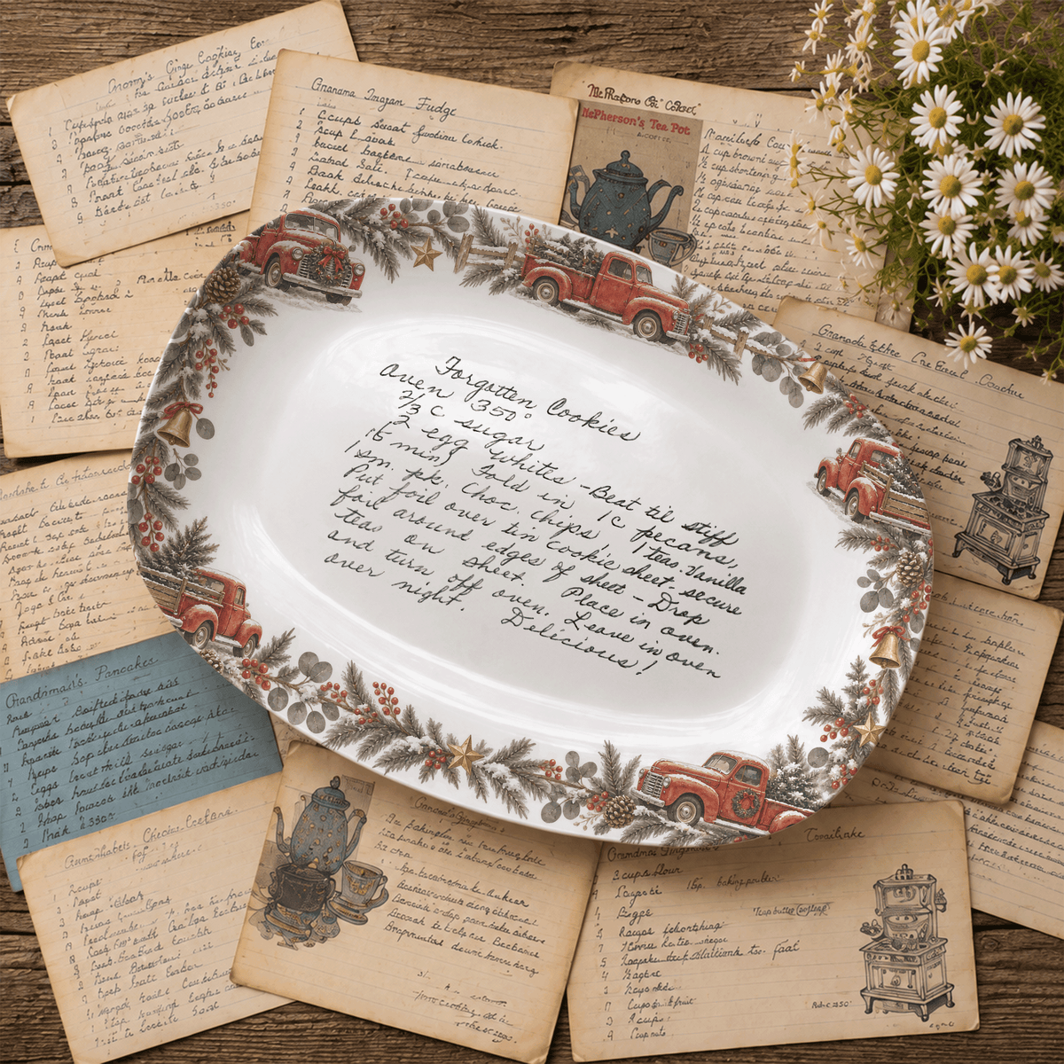 Handwritten Recipe Platter with Vintage Red Truck and Wreath Border
