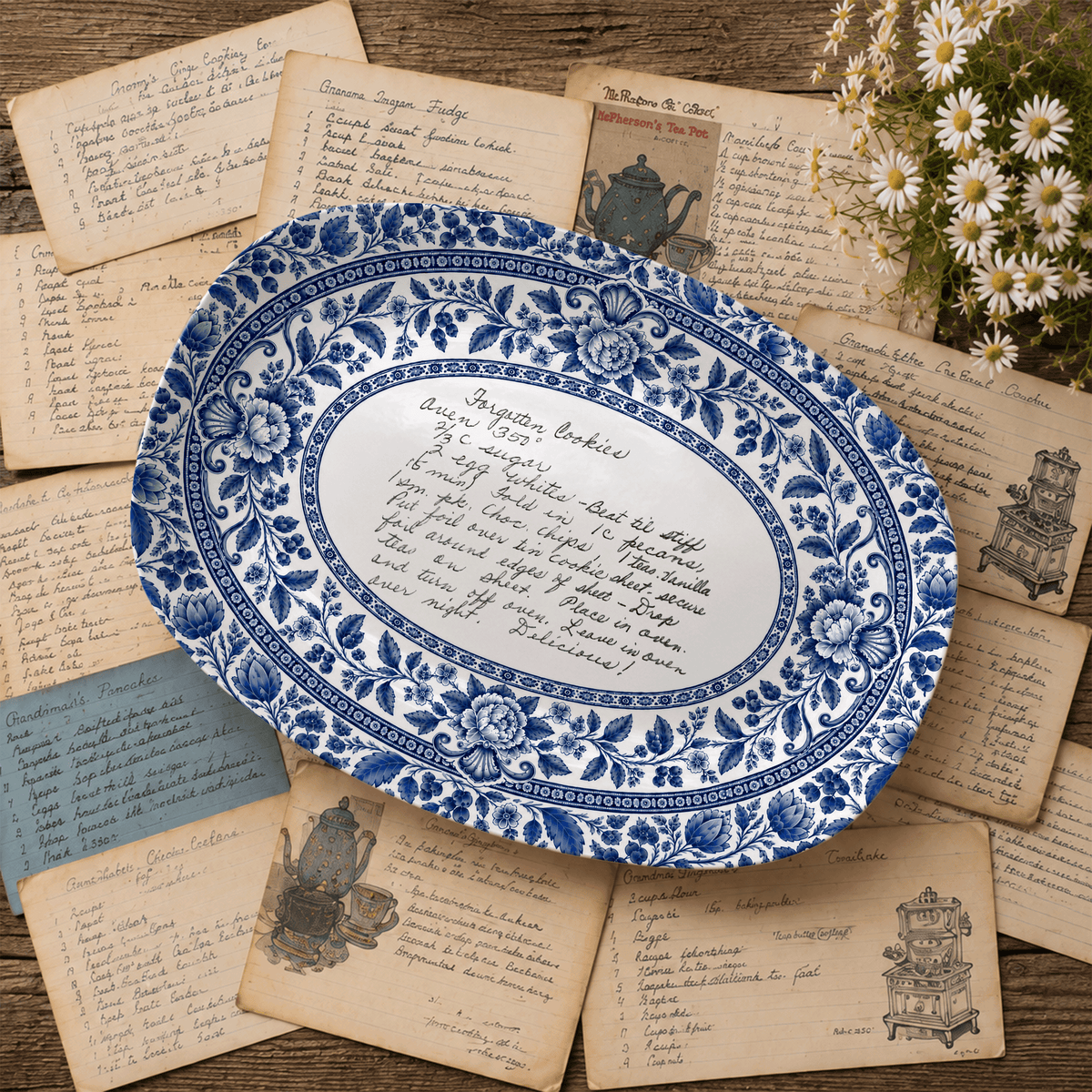 Handwritten Recipe Platter with Blue Antique Botanical Border