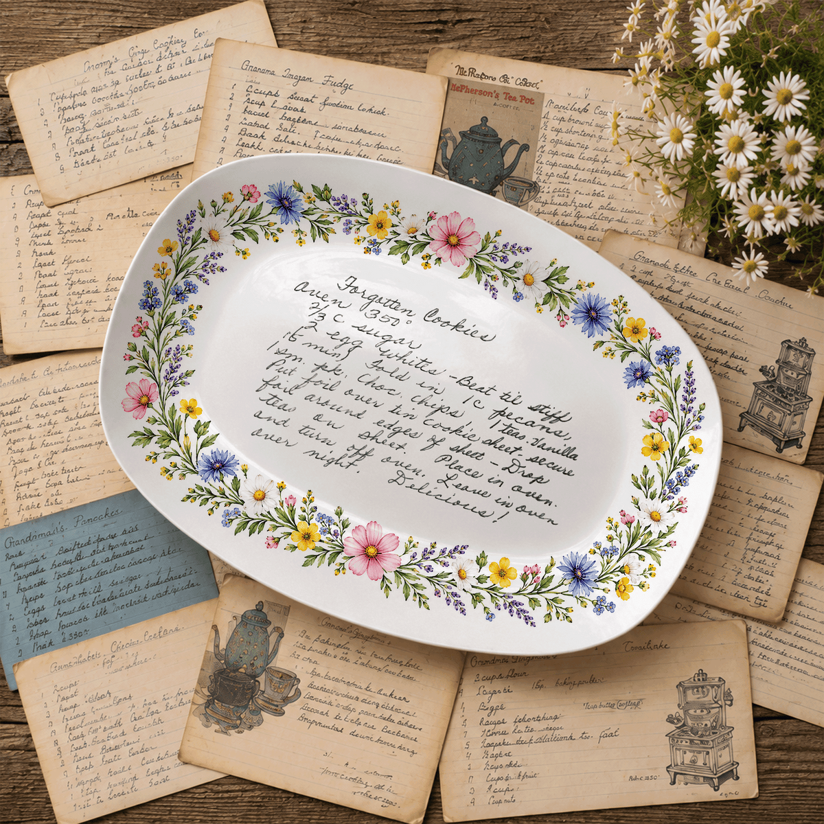 Handwritten Recipe Platter with Wildflower Meadow Border