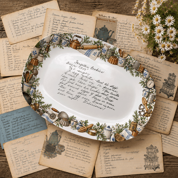 Handwritten Recipe Platter with Vintage Kitchen Item Border