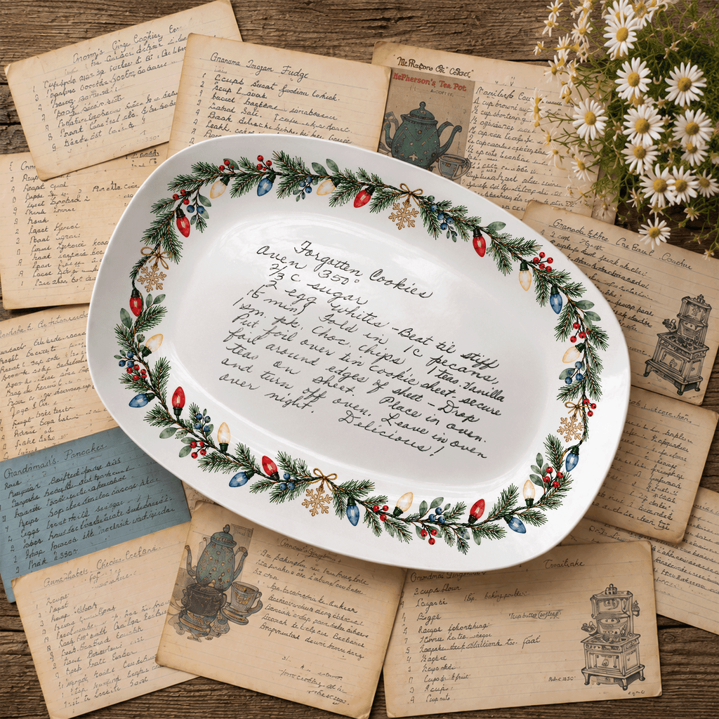 Handwritten Recipe Platter with Christmas Lights Border