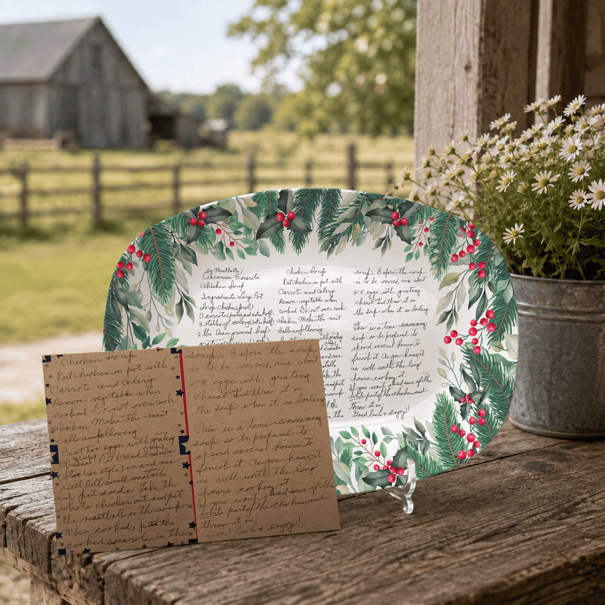 Handwritten Recipe Platter with Christmas Wreath Border