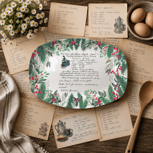 Handwritten Recipe Platter with Christmas Wreath Border
