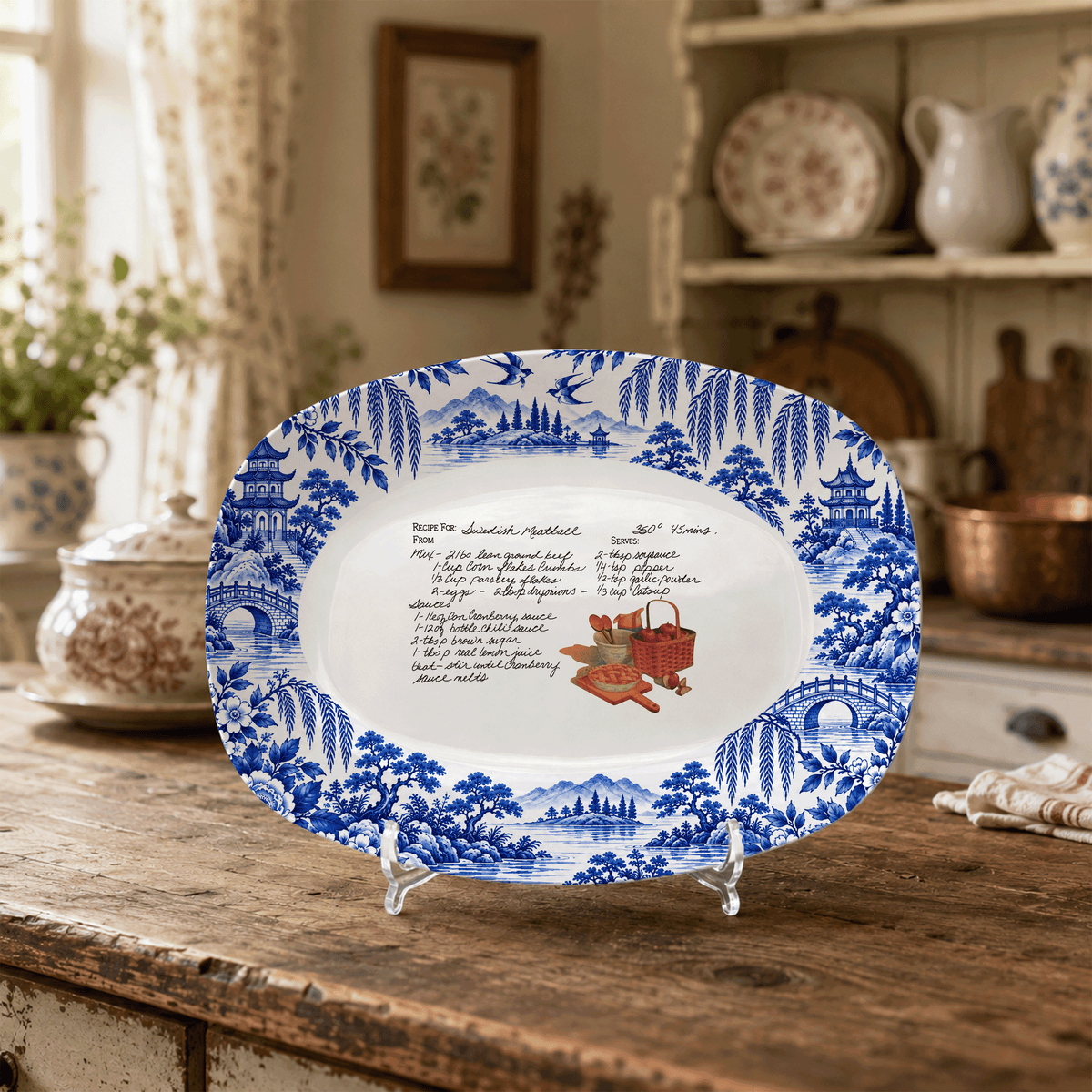 Handwritten Recipe Platter with Antique Blue Willow Border