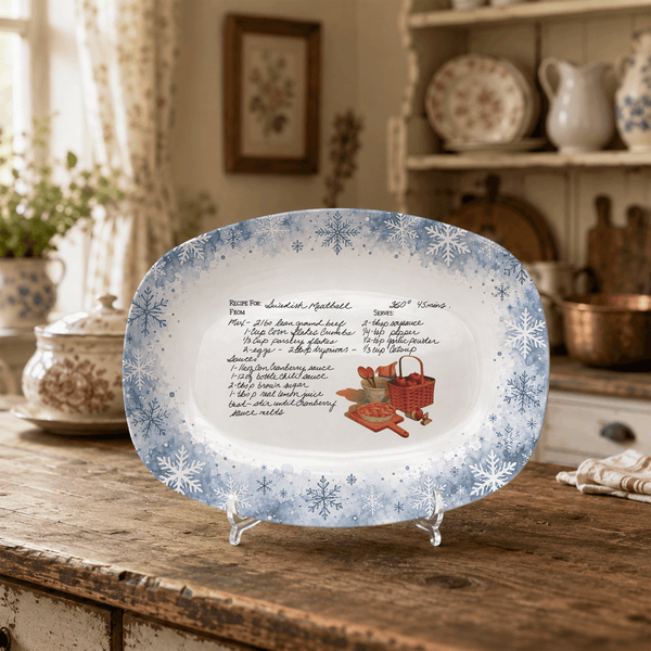 Handwritten Recipe Platter with Blue Snowflake Border