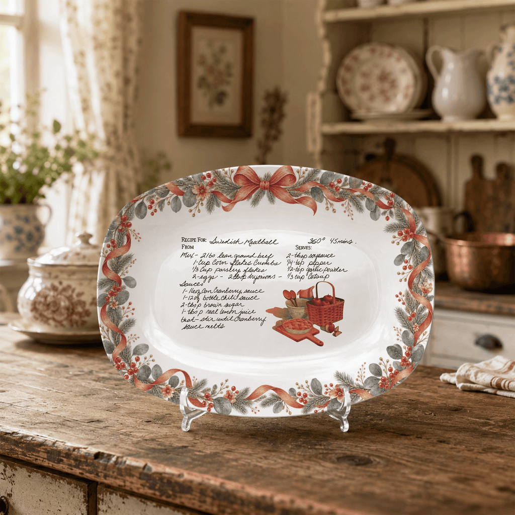 Handwritten Recipe Platter with Antique Red Bow Wreath Border