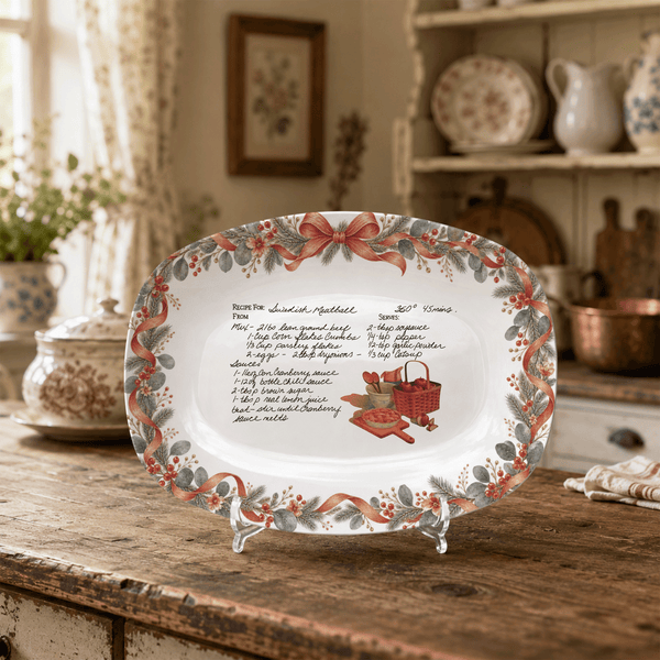 Handwritten Recipe Platter with Antique Red Bow Wreath Border