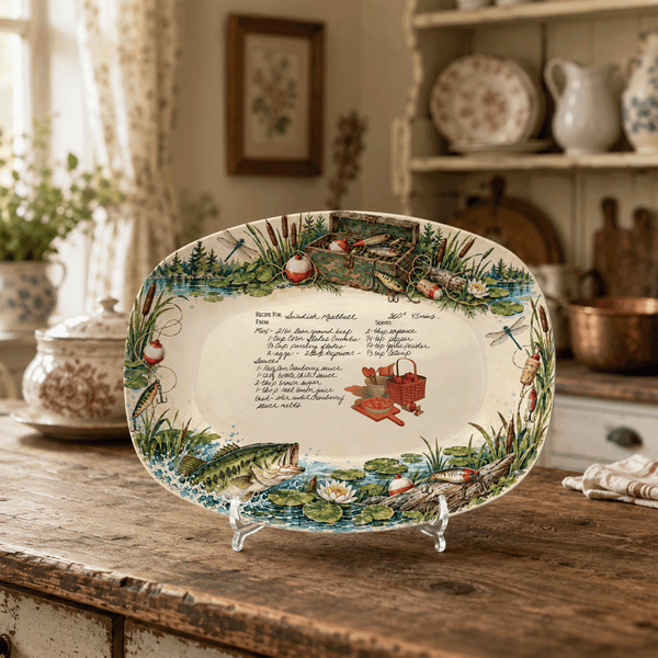 Handwritten Recipe Platter with Fishing Border